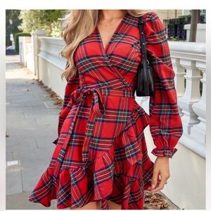 Plaid Wrap Dress in Red